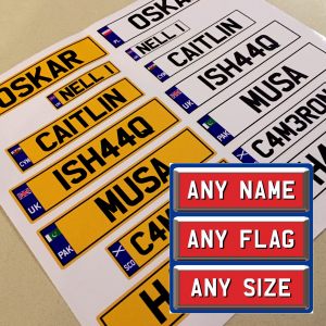 Child's Personalised Number Plate Stickers. One yellow for rear and one white for the front.
