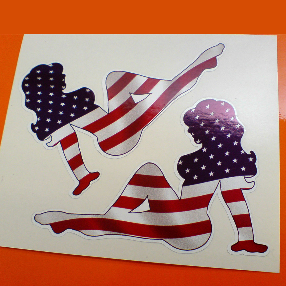 AMERICAN MUDFLAP GIRL STICKERS. A Stars and Stripes model. A shapely model with long hair sat with one leg outstretched, the other bent at the knee and leaning back on one hand.