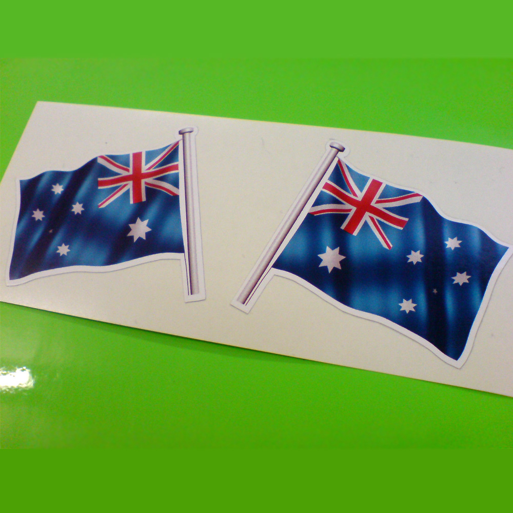 AUSTRALIA FLAG AND POLE STICKERS. A wavy Australia flag on a pole. A blue field with the Union Jack in the top left and five white stars.