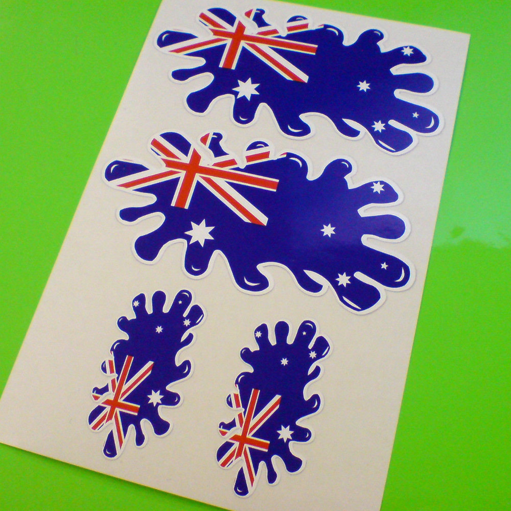 AUSTRALIA FLAG SPLAT STICKERS. The Australian flag in the shape of a splat of paint. A blue field with the Union Jack in the top left and five white stars.