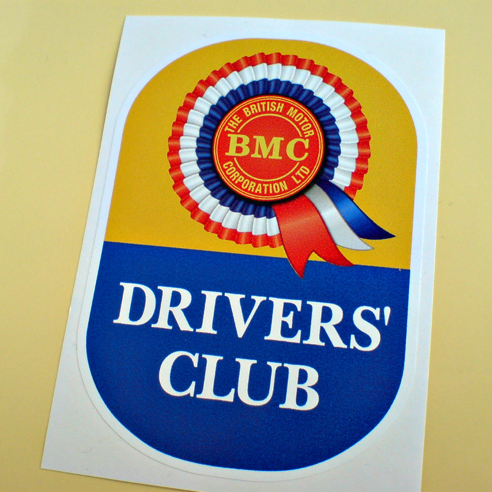 A BMC rosette and Drivers' Club white uppercase lettering on an oval sticker of half yellow, half blue.