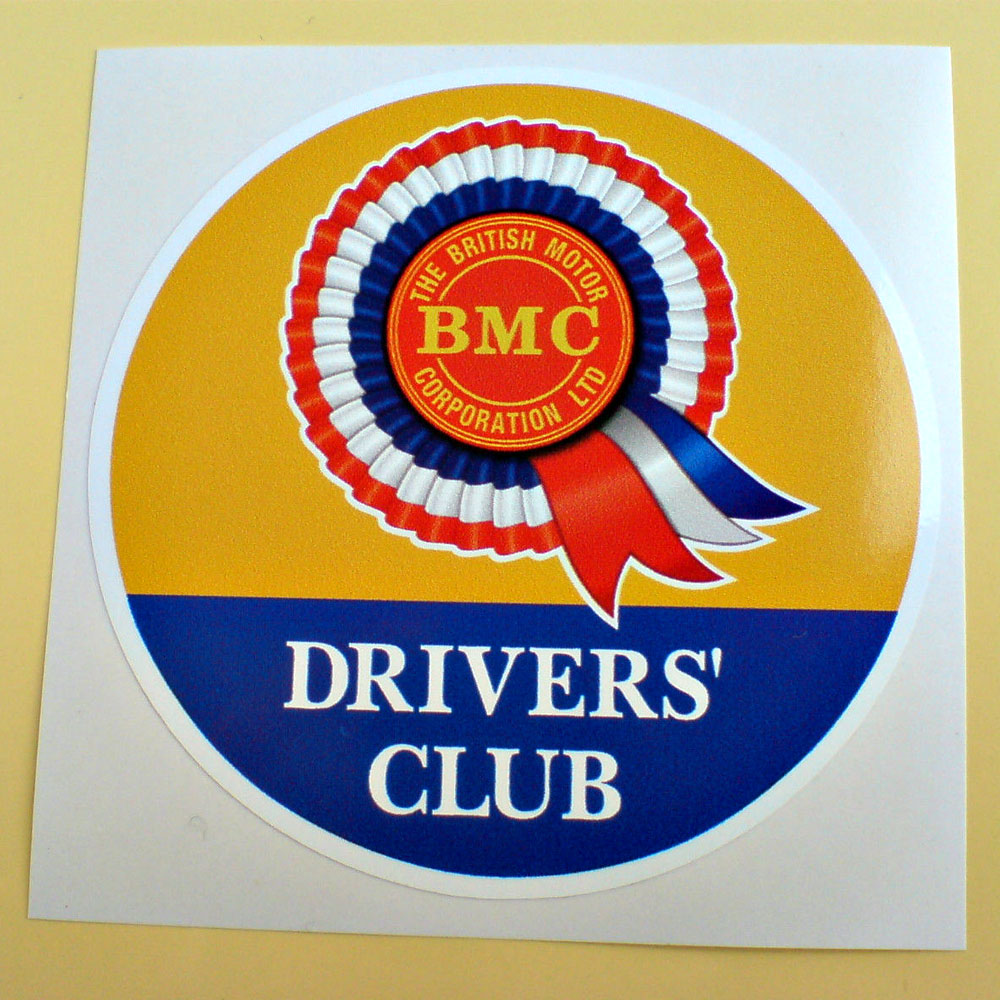 BMC Rosette Driver's Club Sticker. BMC rosette and Drivers' Club in white uppercase lettering on a half yellow, half blue circular sticker.