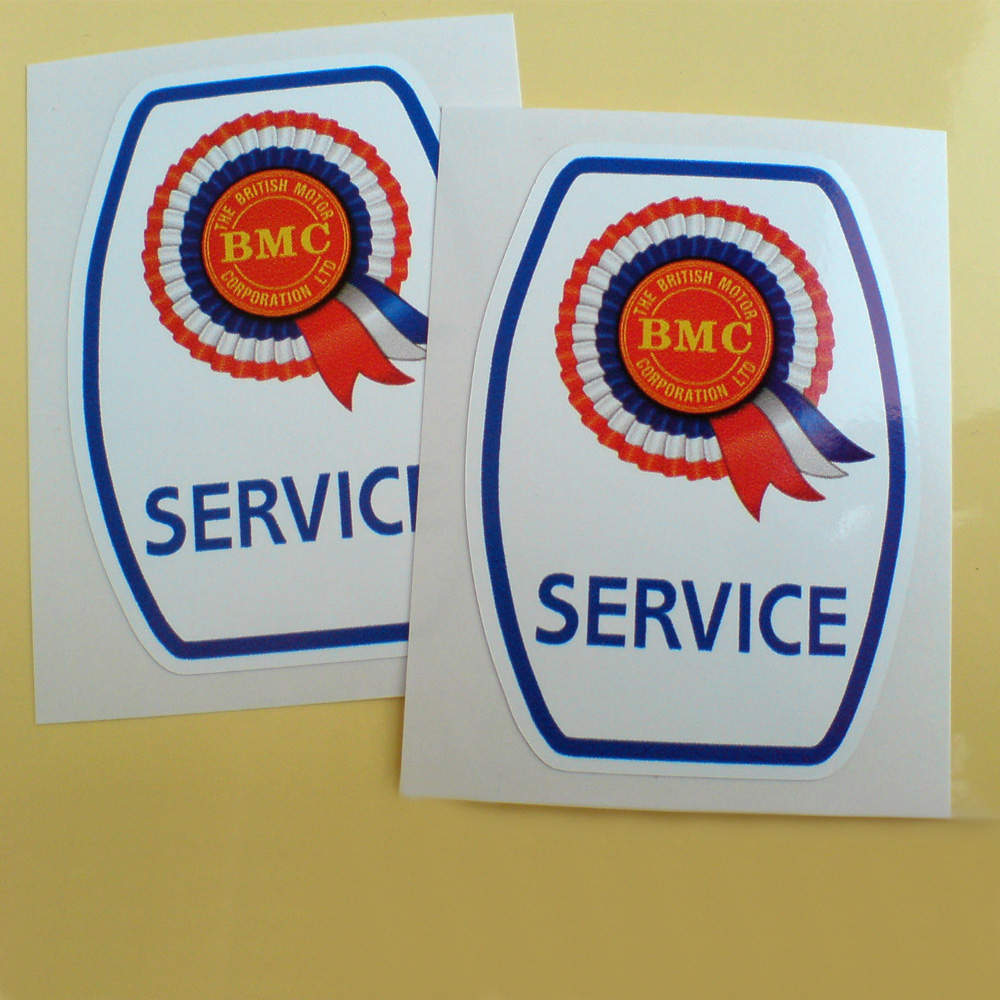 The red, white and blue BMC rosette above Service in blue uppercase lettering on a white sticker with a blue border.