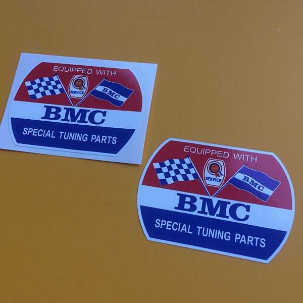 The lettering Equipped With BMC Special Tuning Parts on a red, white and blue background. Additional images are chequered and BMC crossed flags. Also BMC rosette with the word Service below.