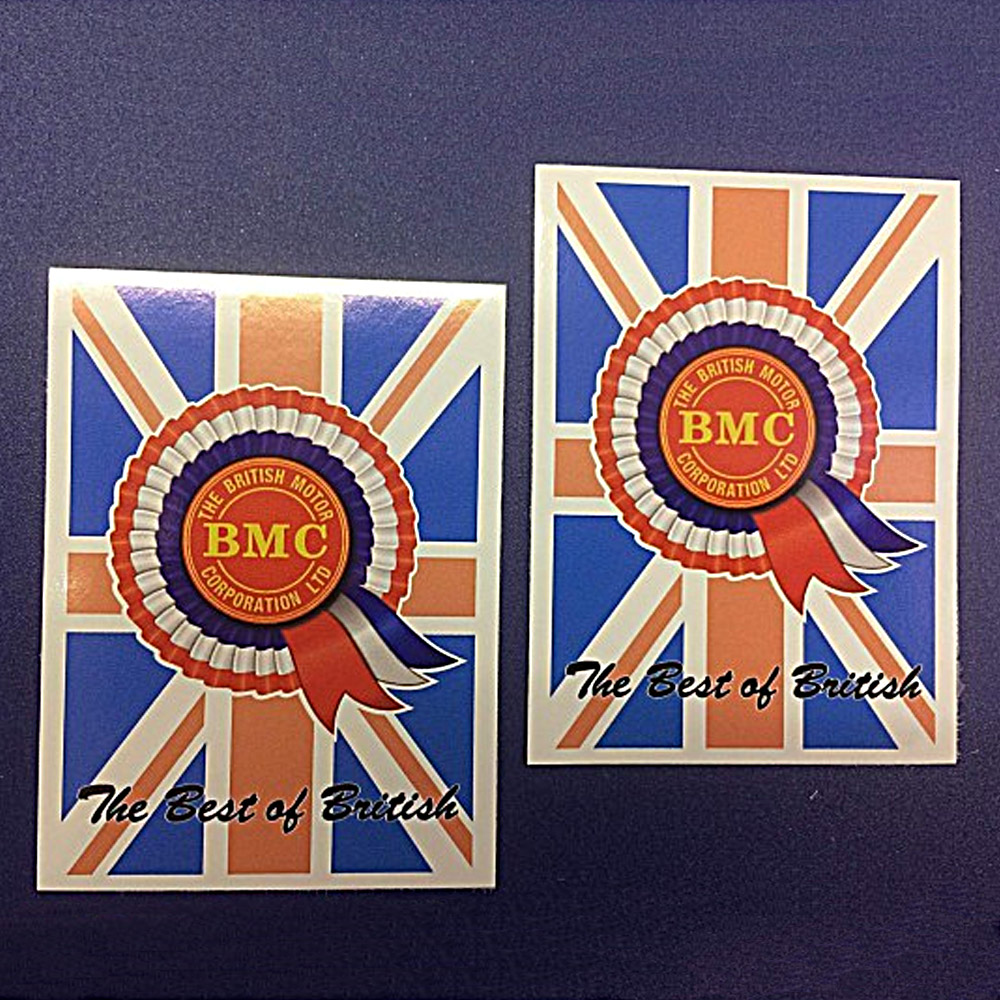 BMC ROSETTE BEST OF BRITISH STICKERS. The Best of British in black italic lettering and the red, white and blue BMC rosette overlay the Union Jack.