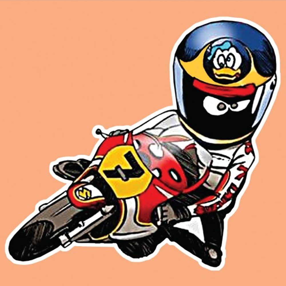 A cartoon character of Barry Sheene riding a red and white motorcycle with number 7 in black and yellow on the front. He is wearing a red and white jacket. His helmet is blue and yellow decorated with Donald Duck.