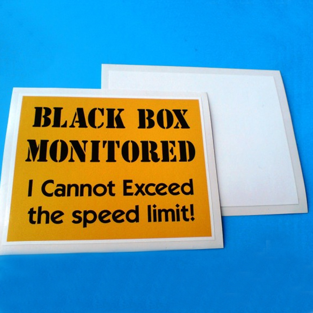 Black Box Monitored in black uppercase lettering. I Cannot Exceed the speed limit! in black lowercase lettering on a yellow background.