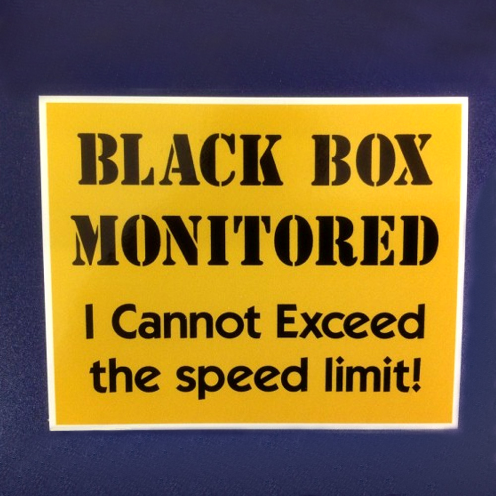BLACK BOX MONITORED STICKER. Black Box Monitored in black uppercase lettering. I Cannot Exceed the speed limit! in black on a yellow background.