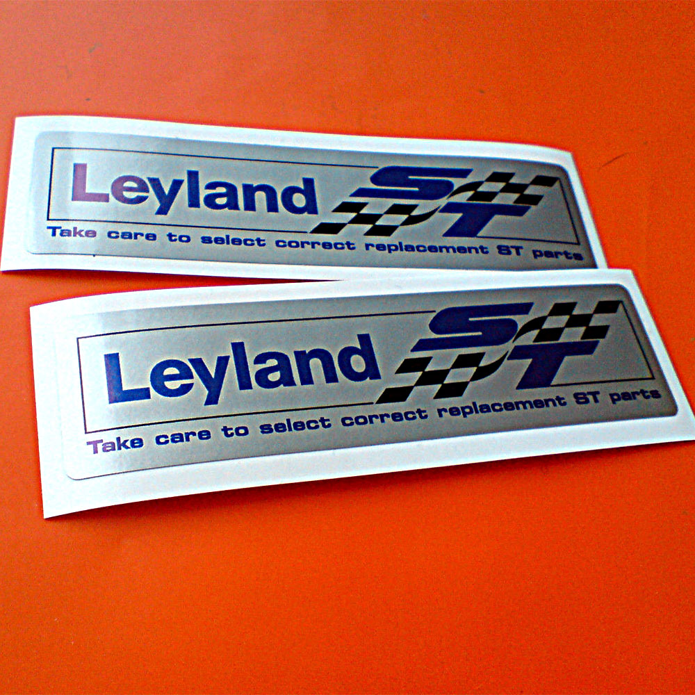 Leyland ST in blue lettering and a black and white chequered flag bordered in black on a silver sticker. Take care to select correct replacement ST parts; in blue lettering below.