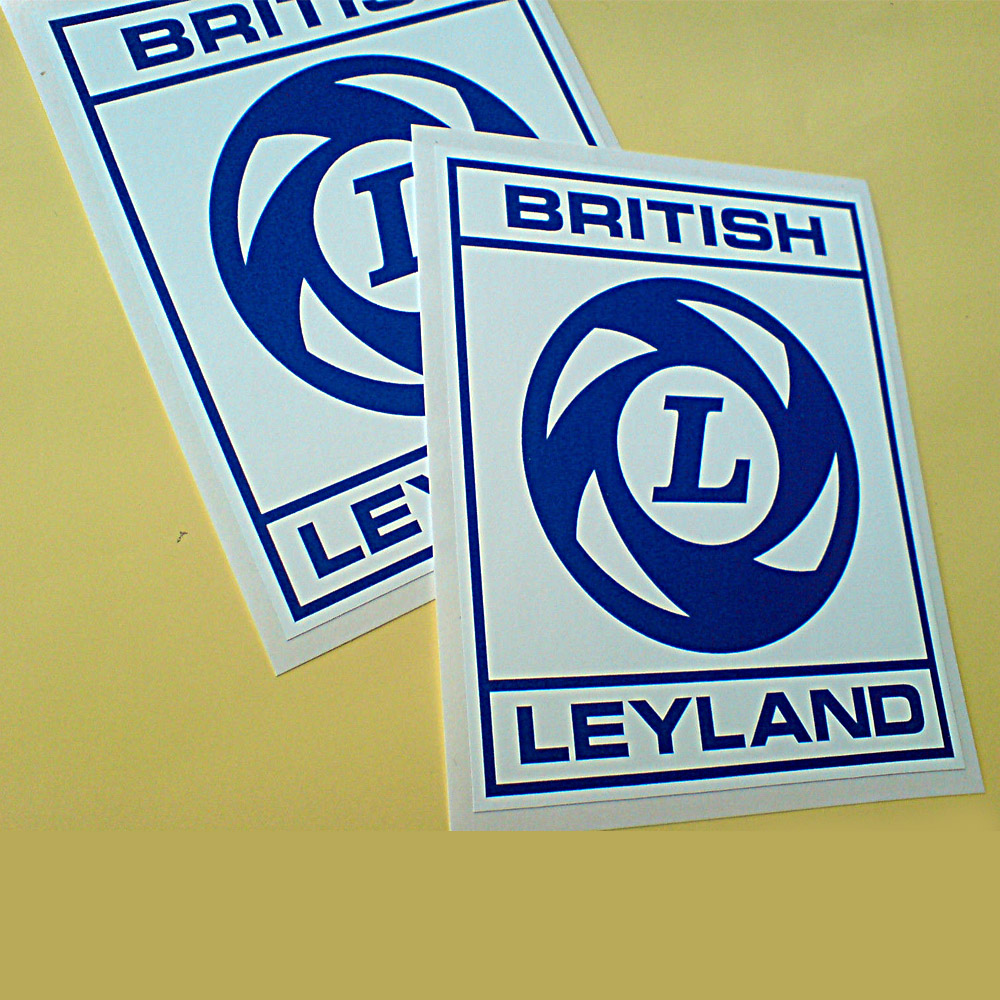 British Leyland in blue lettering with a blue border on a white sticker. In the centre is the logo; two concentric circles in blue and white. Four white chevrons surround the blue outer circle and a blue L inside the white circle.