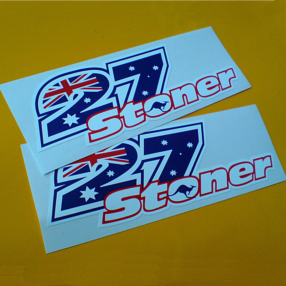 CASEY STONER #27 STICKERS. Stoner in white lettering outlined in red. Within the letter O is a blue kangaroo. In the background is the Australian flag in the shape of a number 27.