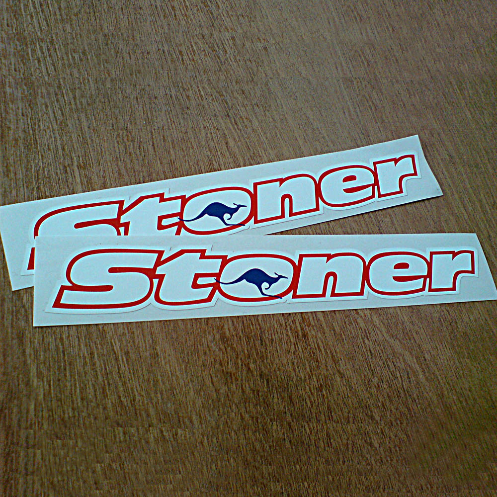 CASEY STONER STICKERS. Stoner in white lettering outlined in red. Within the letter O is a blue kangaroo.