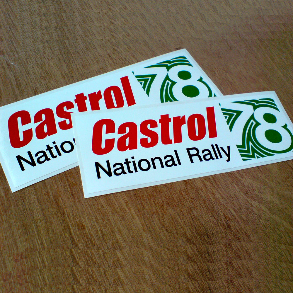 CASTROL NATIONAL RALLY STICKERS. Castrol in red and National Rally in black lowercase lettering; 78 in white within a square box of green lines on a white sticker.