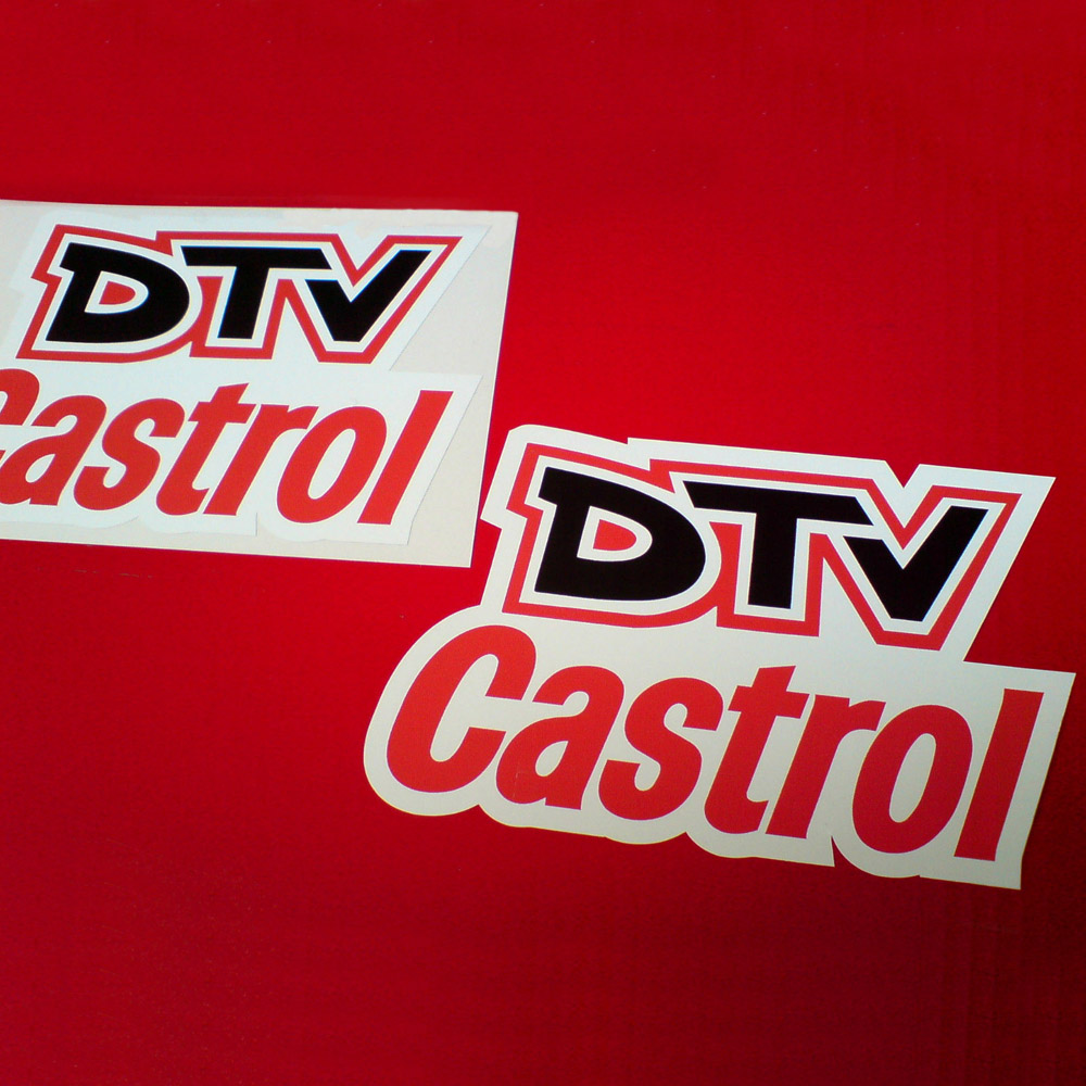 DTV in bold black uppercase lettering with a red and white border, Castrol in red lowercase lettering on a white sticker.