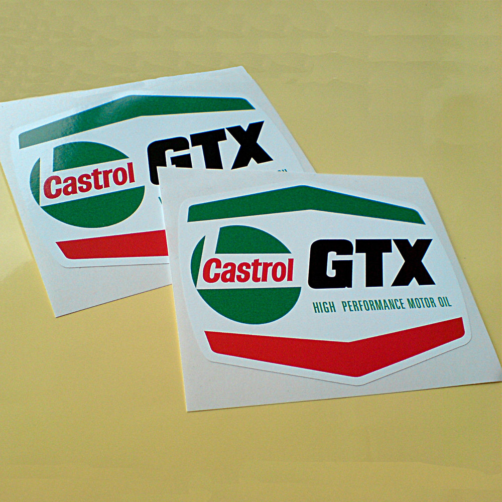 A diamond shaped sticker in green, white and red. Across the centre is the Castrol logo, GTX in bold black and High Performance Motor Oil in green uppercase lettering.