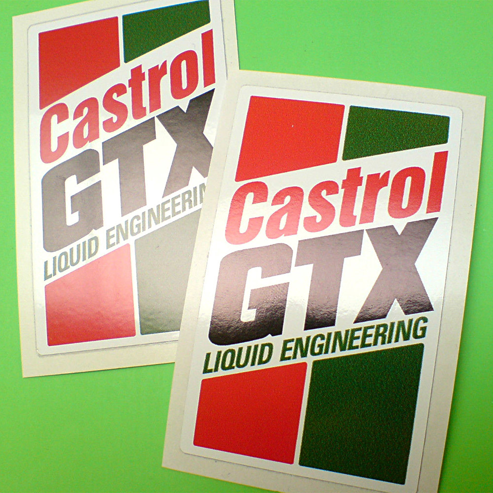 CASTROL GTX OIL CAN STICKERS. Two vertical columns in red and green. Castrol in red lowercase, GTX in bold black, Liquid Engineering in green uppercase lettering lies diagonally across the columns.