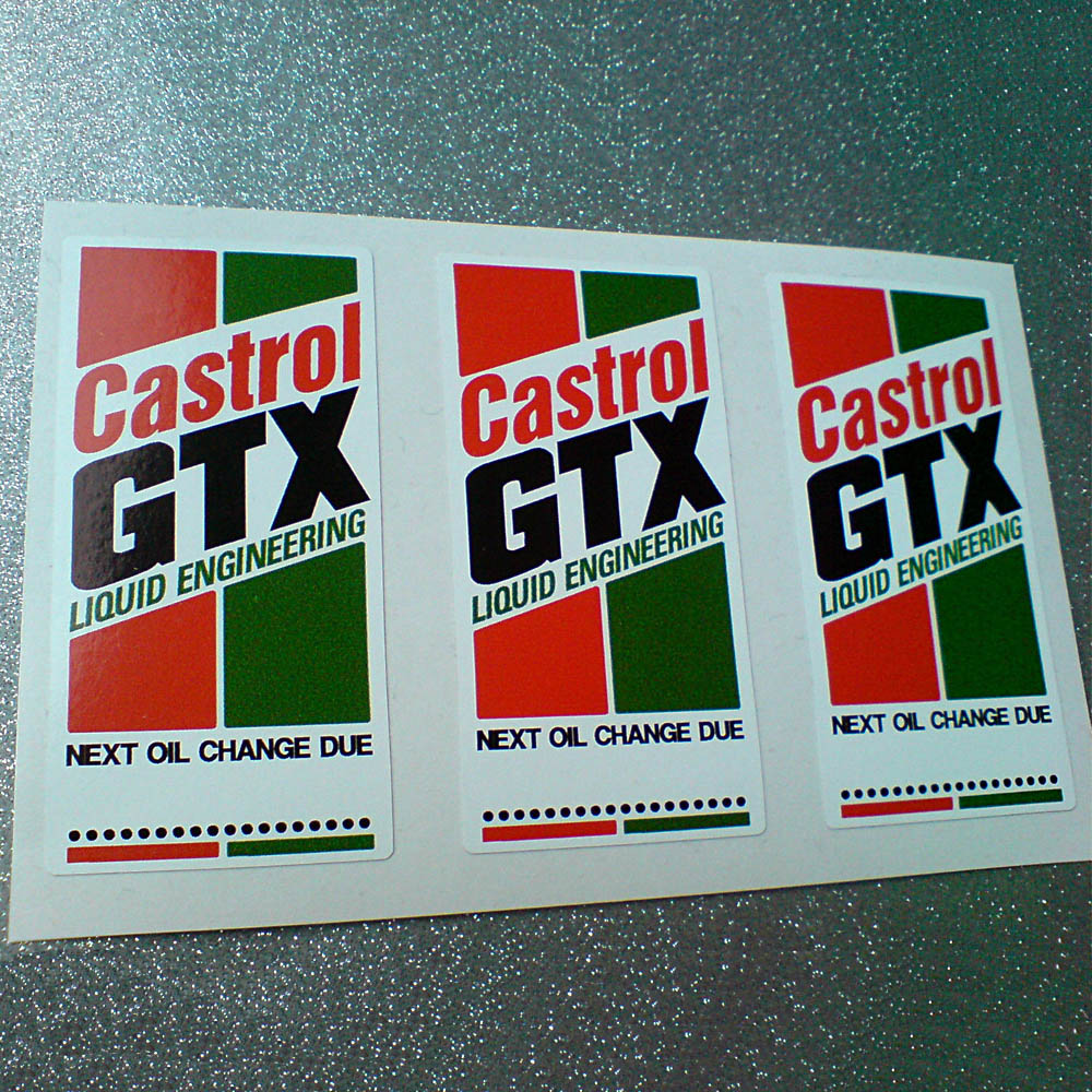 CASTROL GTX OIL CHANGE STICKERS. Two vertical columns of red and green. Castrol GTX Liquid Engineering bold lettering in red, black and green diagonally across. Next Oil Change Due and a dotted line is at the base of the sticker.