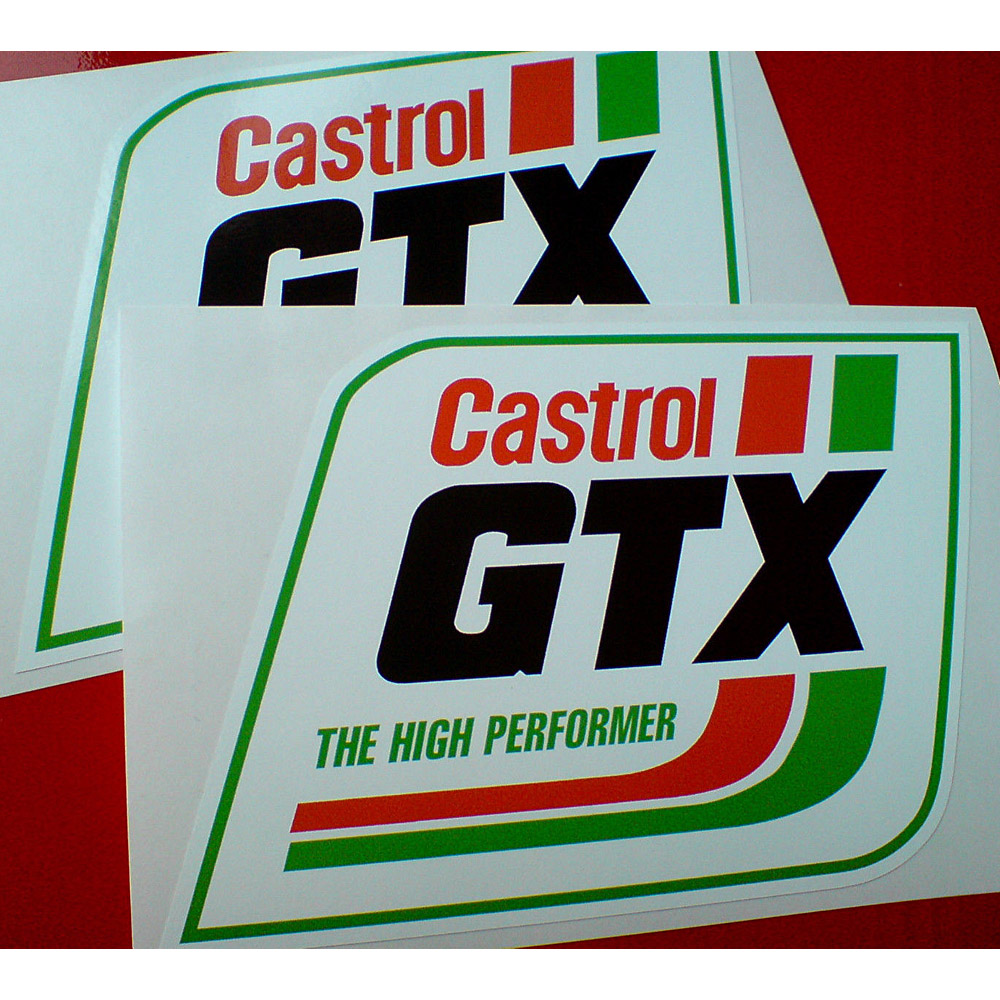CASTROL GTX OIL STICKERS - HIGH PERFORMER. A white parallelogram sticker with a green border. Castrol in red lowercase, GTX in bold black, The High Performer in green uppercase lettering. Two lines in red and green run down one vertical and one horizontal side of the sticker.