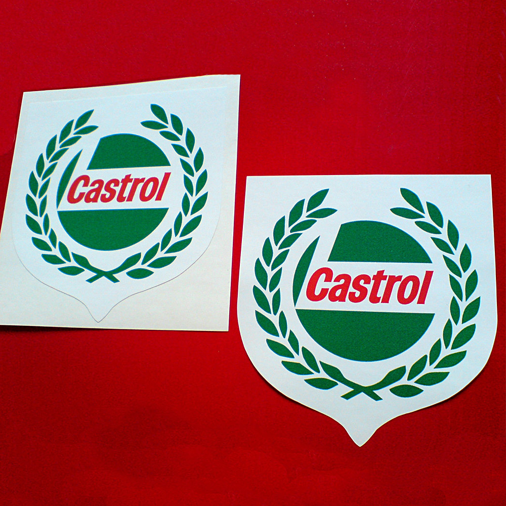 CASTROL GARLAND STICKERS. A laurel wreath on a white shield. In the centre is the Castrol logo; Castrol in red lettering on a white L shape within a green circle.