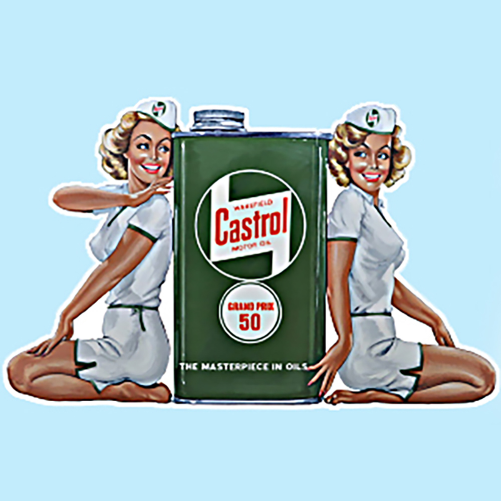 CASTROL GIRLS RETRO STICKER. Two blonde smiling girls in short white uniforms and caps bearing the Castrol logo sit either side of the traditional green tin. Castrol Wakefield Motor Oil circular red, white and green logo is displayed on the side. Additional images on the tin Grand Prix 50 The Masterpiece In Oils.