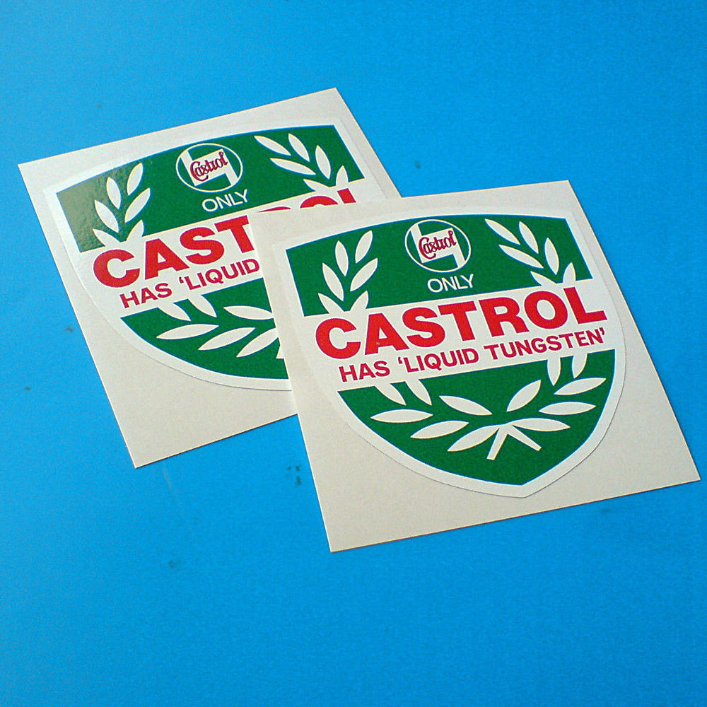 A white laurel wreath on a green shield. Castrol Has 'Liquid Tungsten' in red uppercase lettering on a white banner across the centre. Above this in white is the word Only and the Castrol logo.