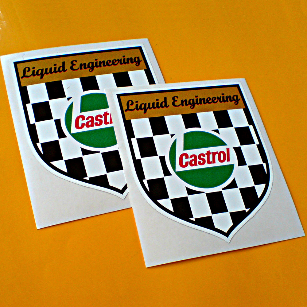 CASTROL STICKERS LIQUID ENGINEERING SHIELD. Liquid Engineering in black Italic font on a gold banner across the top of a black and white chequered shield. In the centre is the classic Castrol logo.