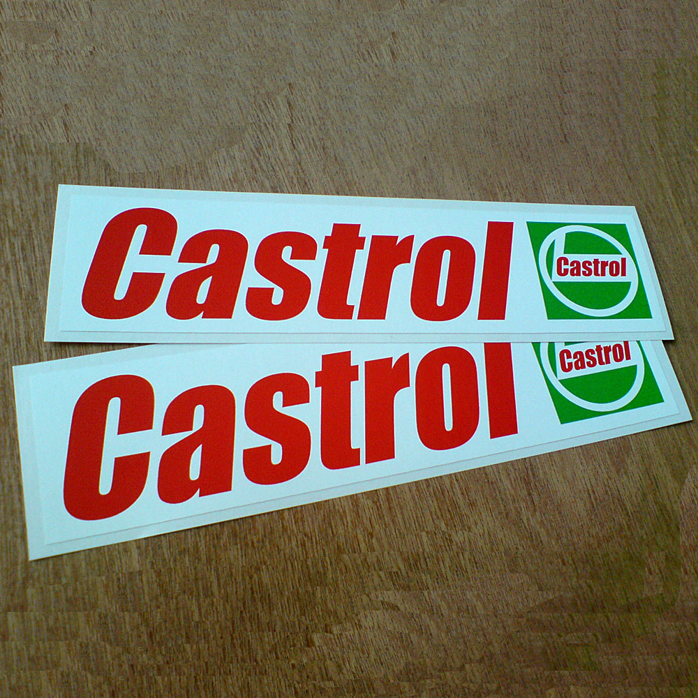 CASTROL OLD STYLE STICKERS. Castrol in red lowercase lettering and the Castrol logo on a white sticker.