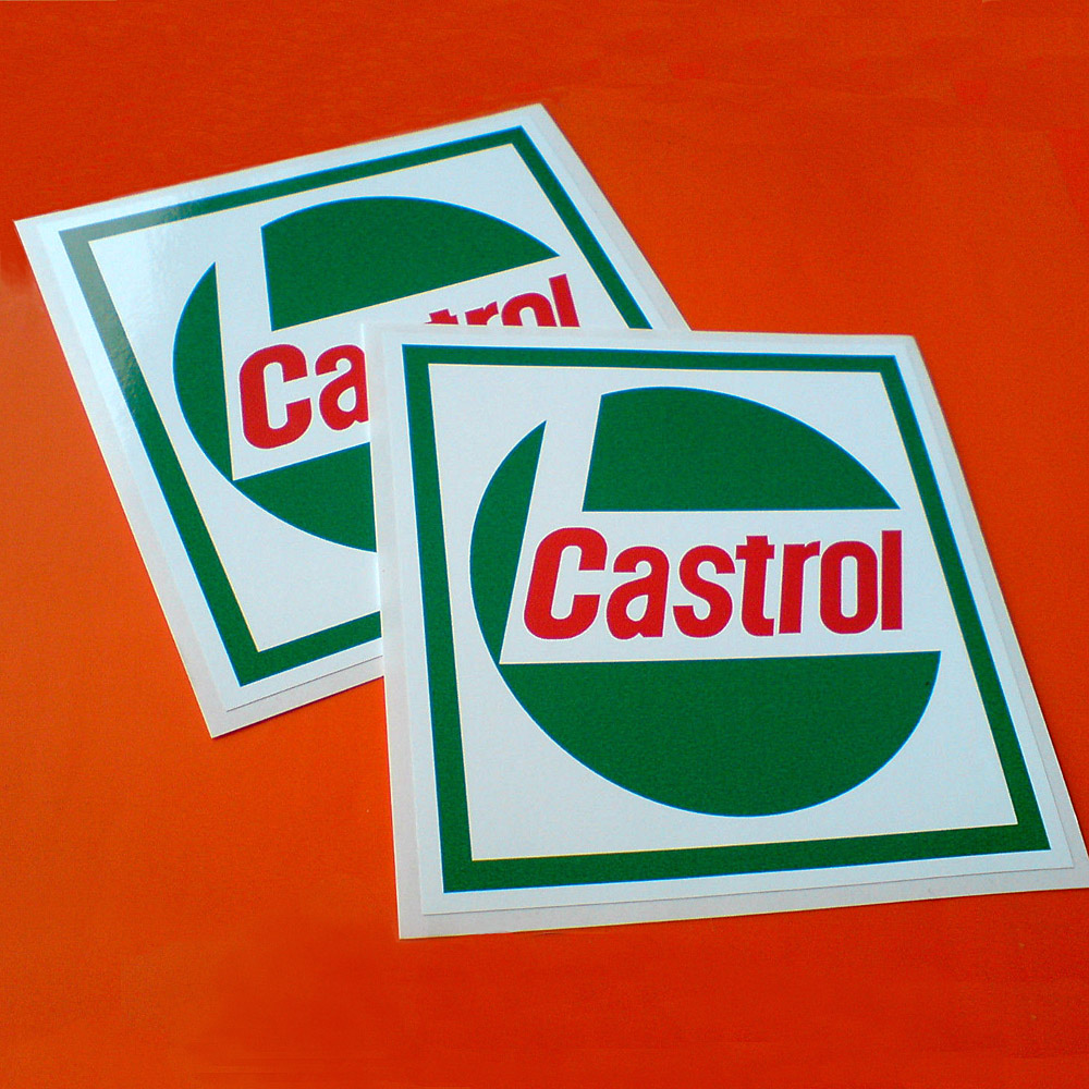 A square white sticker with a green border. In the centre is the Castrol logo; Castrol in red lettering on a white L shape within a green circle.