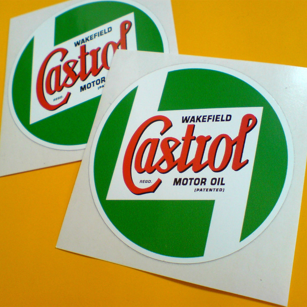 The classic Castrol logo. A green circular sticker with a white border. Castrol in red lettering on a white background in the centre. Additional text in black, Wakefield Motor Oil (Patented).