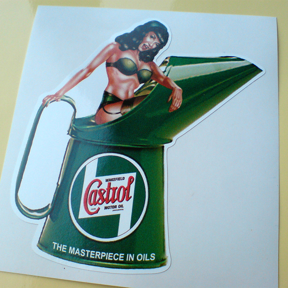 CASTROL WAKEFIELD OIL JUG. Green Castrol Oil pouring jug, displaying the Castrol Wakefield logo to the front and a bikini clad model popping out of the jug. Additional text The Masterpiece In Oils at the bottom.