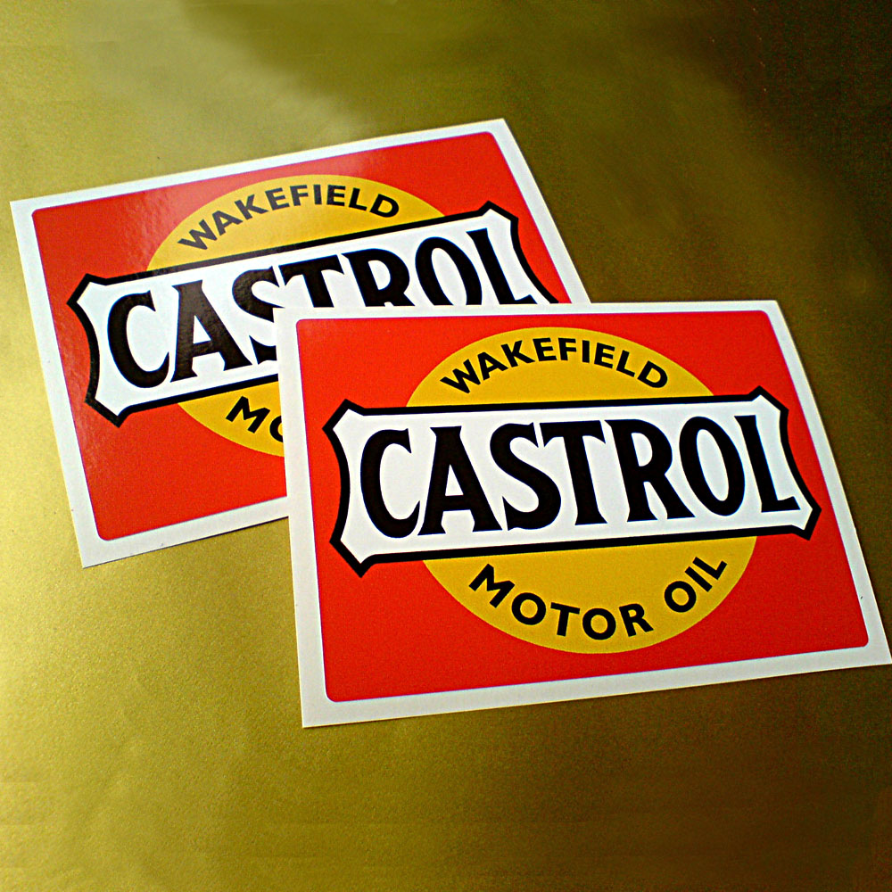 CASTROL WAKEFIELD OLD STYLE STICKERS. A red rectangular sticker with a white border. Castrol in black uppercase lettering on a white banner overlays a yellow circle with Wakefield Motor Oil black lettering surrounding it.
