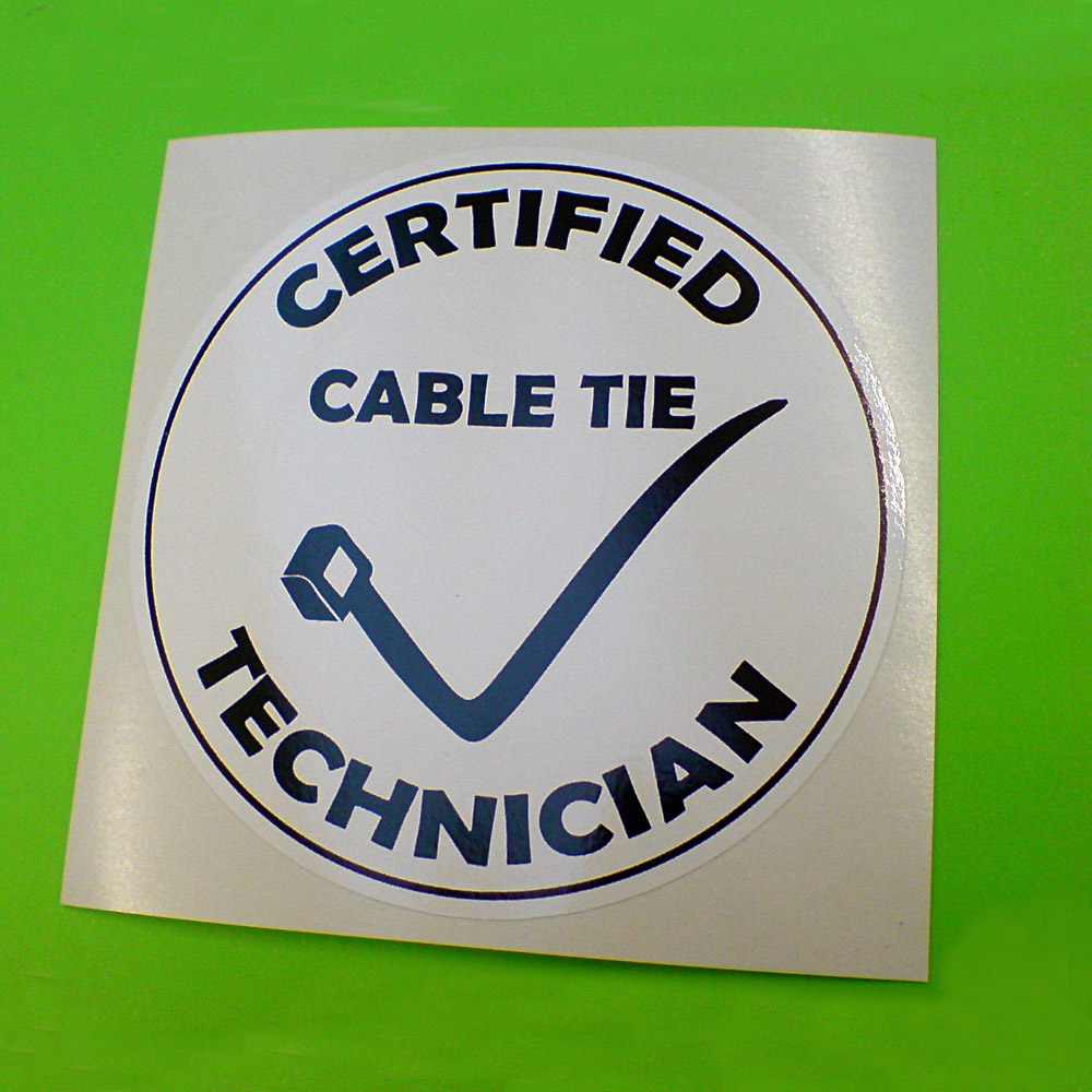 Certified Cable Tie Technician in black uppercase lettering surrounds a black cable tie on a white circular sticker.