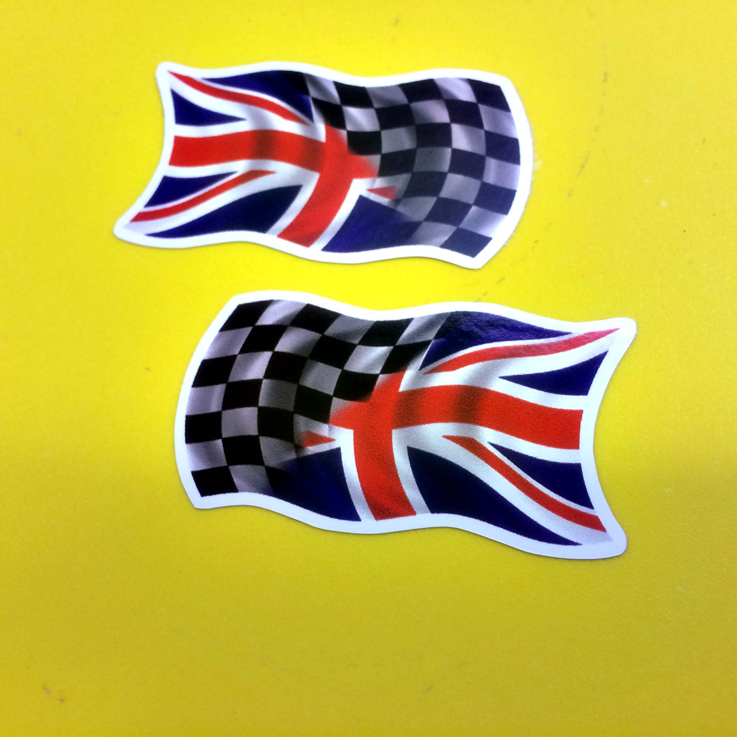 A wavy flag. One half is black and white chequer, the other half is the red, white and blue Union Jack.