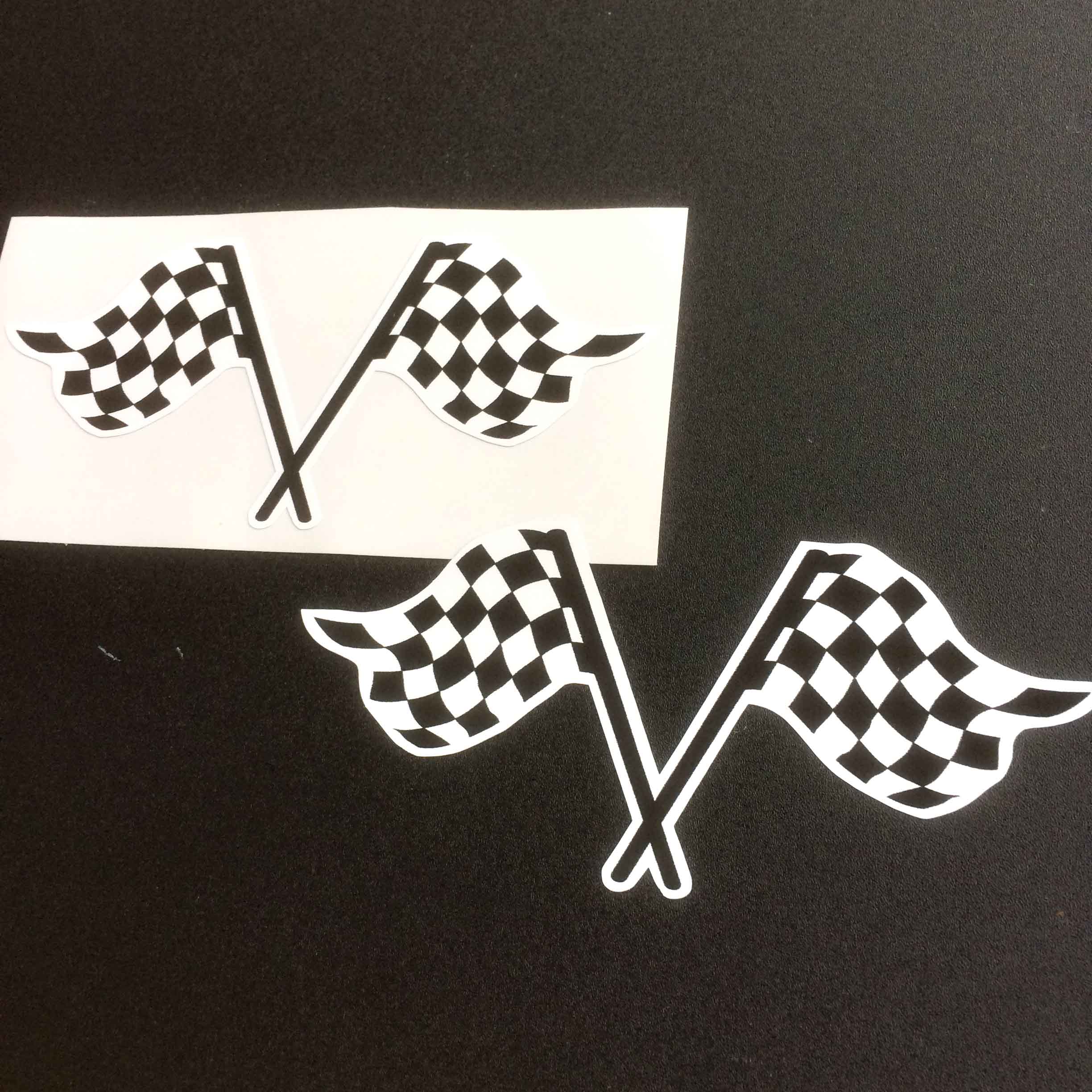 CHEQUERED FLAGS STICKERS. Two crossed black and white chequered flags on poles.