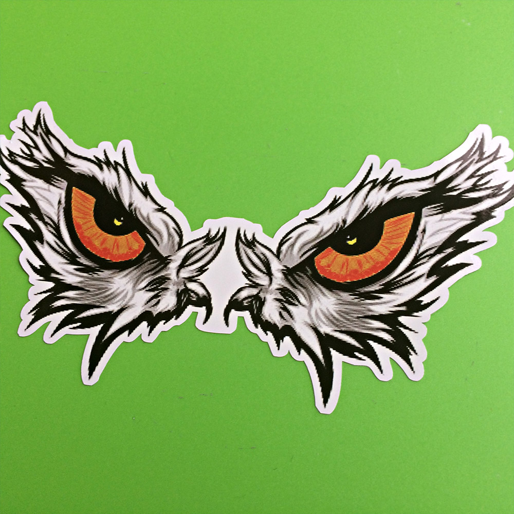 EAGLE EYES STICKER. Grey and black feathers surround the eagle's eyes. Pupils are black and yellow. Iris is orange. Eyes are lined in black.