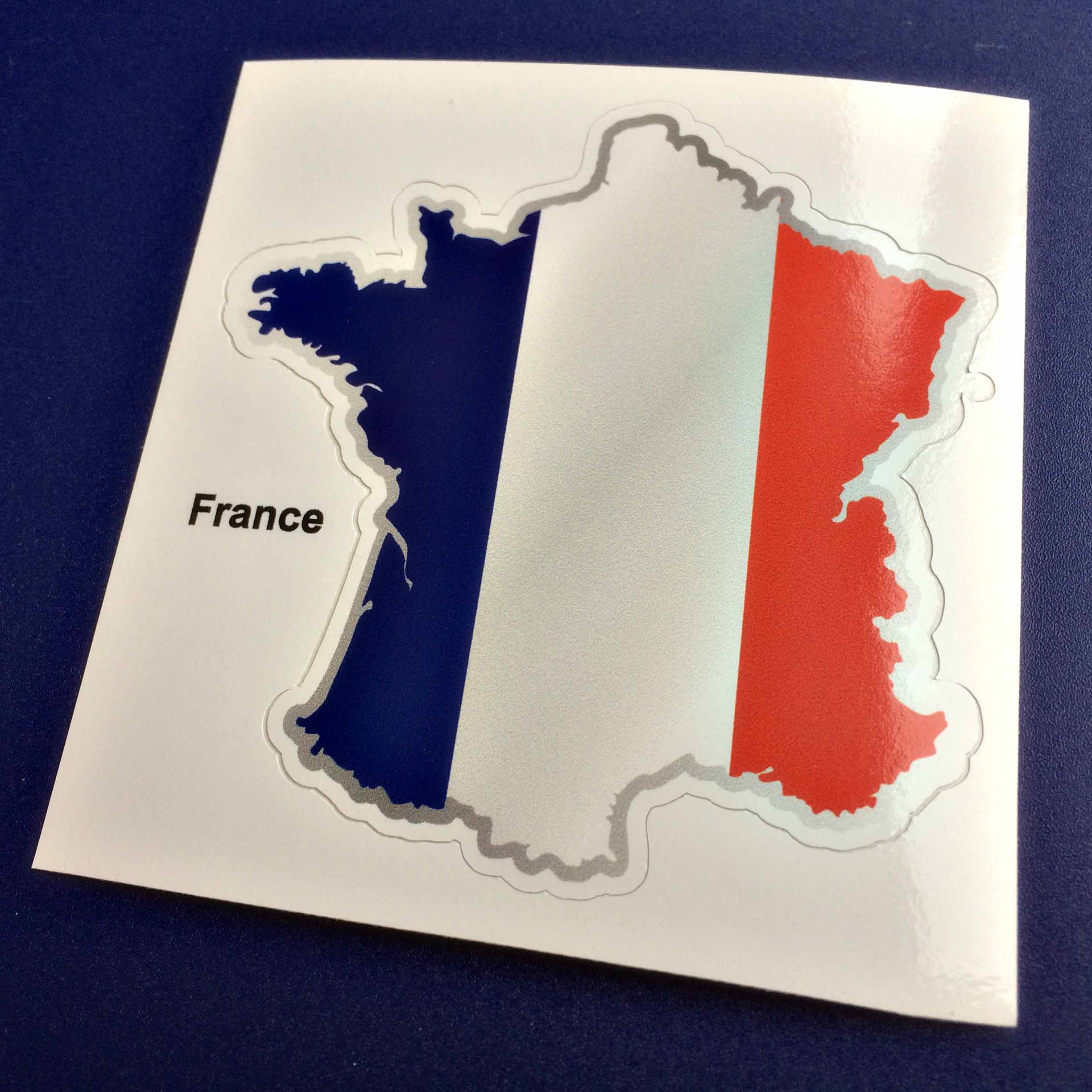FRANCE FLAG MAP STICKER. A map and flag of France. A tricolour of three vertical bands in blue, white and red.