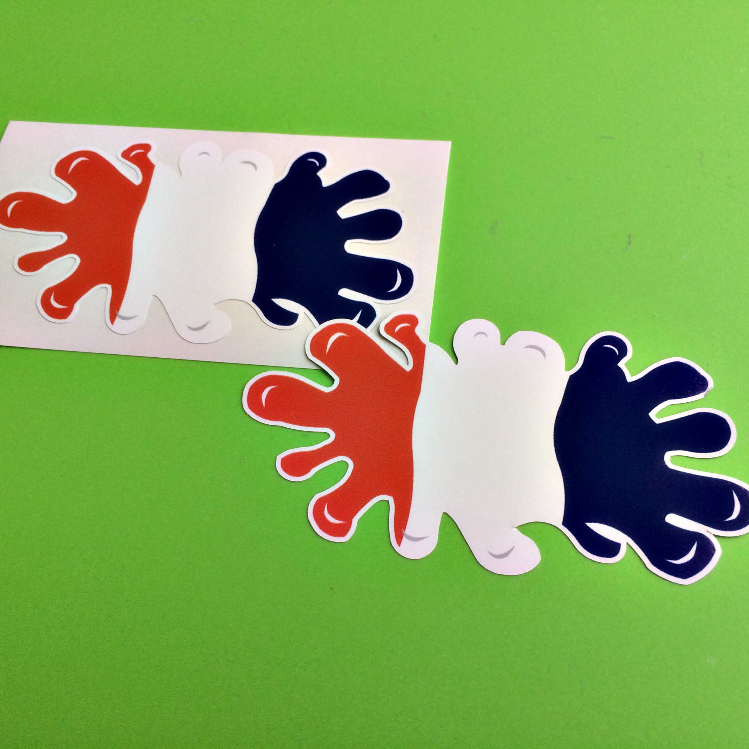 FRANCE/FRENCH FLAG SPLAT STICKERS. The French flag in the shape of a paint splat. A tricolour of three vertical bands in blue, white and red.