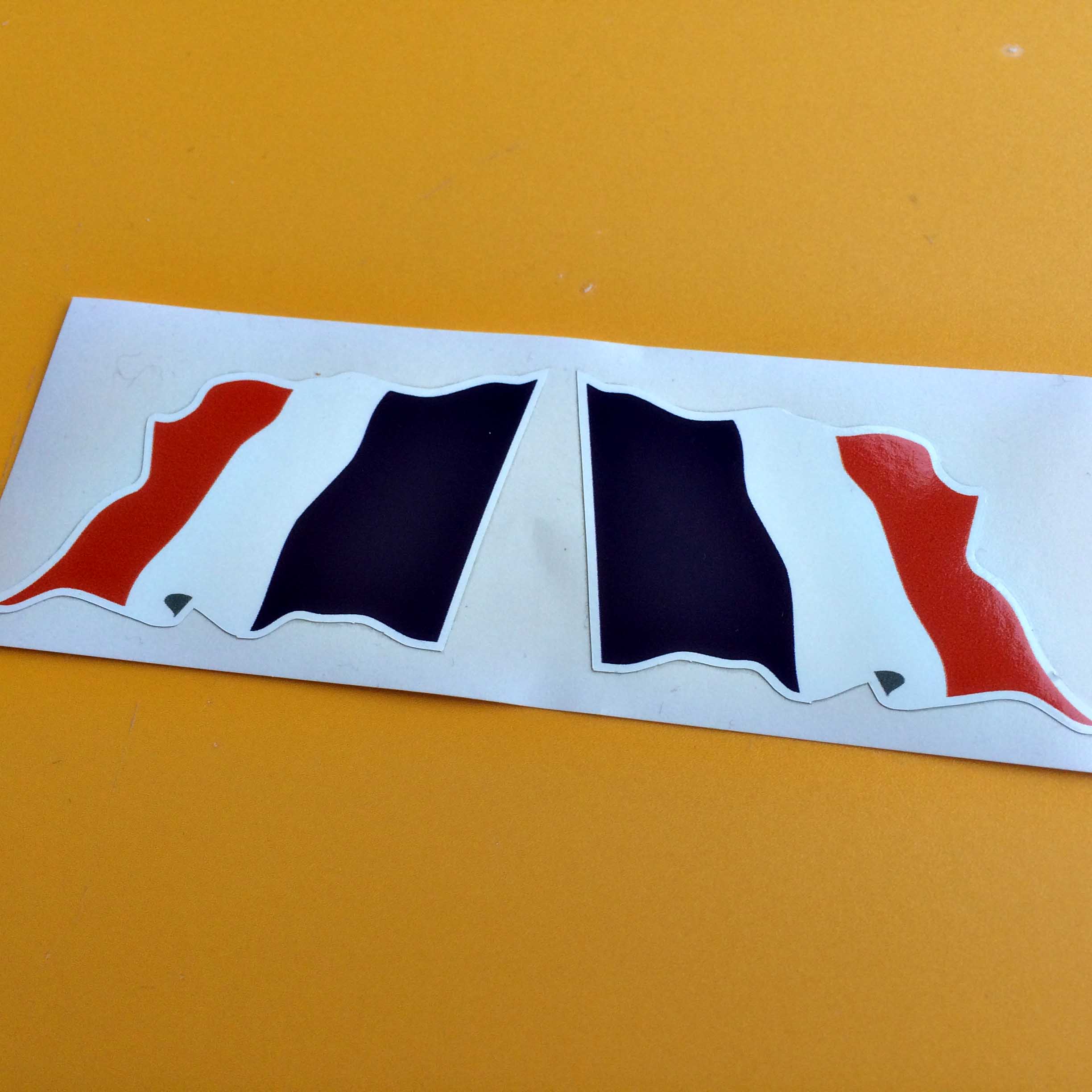 FRANCE/FRENCH FLAG WAVY STICKERS. A wavy French flag. A tricolour of three vertical bands in blue, white and red.