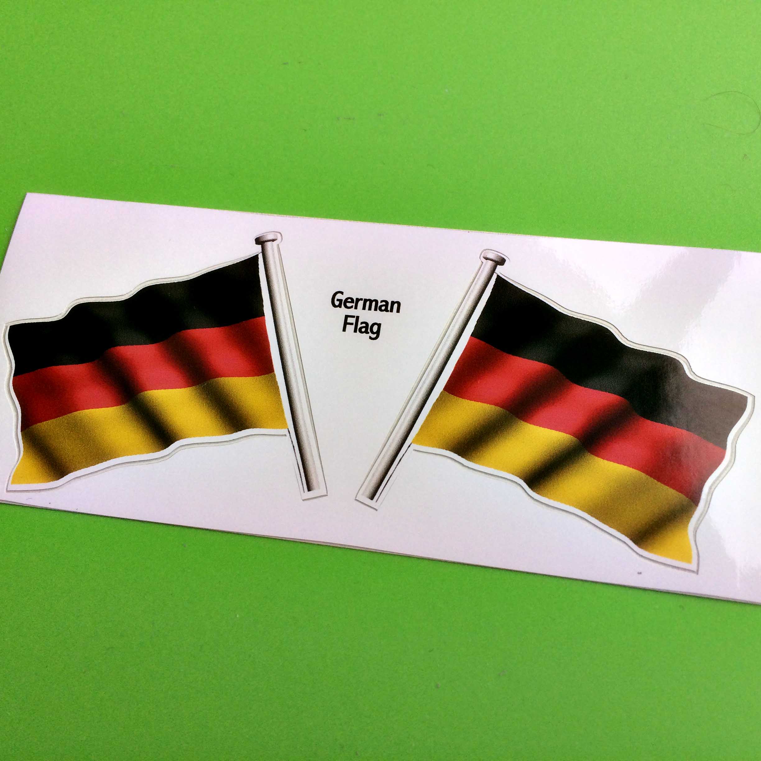 GERMAN GERMANY FLAG AND POLE STICKERS. A wavy flag of Germany on a pole. A tricolour of horizontal bands in black, red and gold.