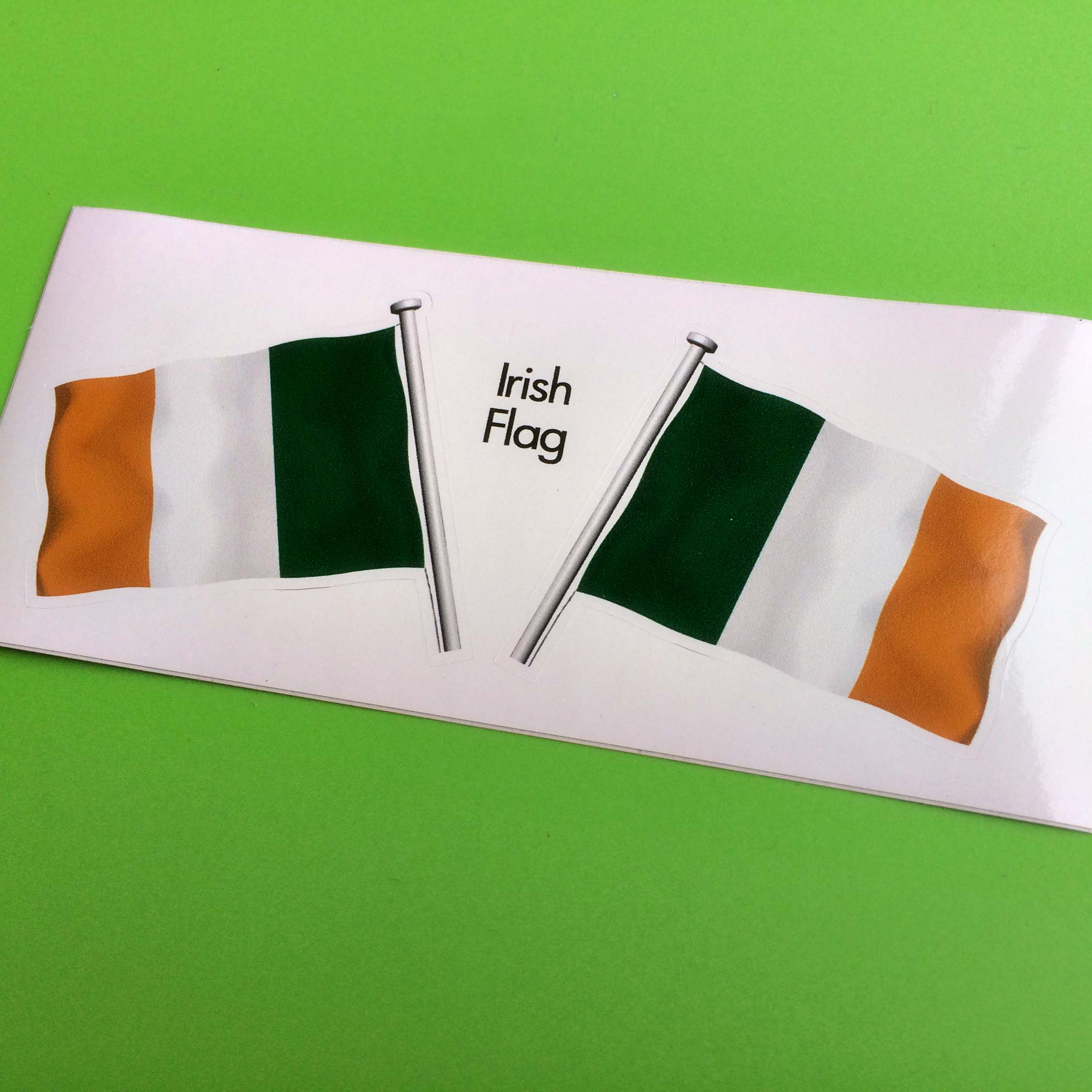 IRISH IRELAND FLAG AND POLE STICKERS. A vertical tricolour of green, white and orange. A wavy flag of Ireland on a pole.
