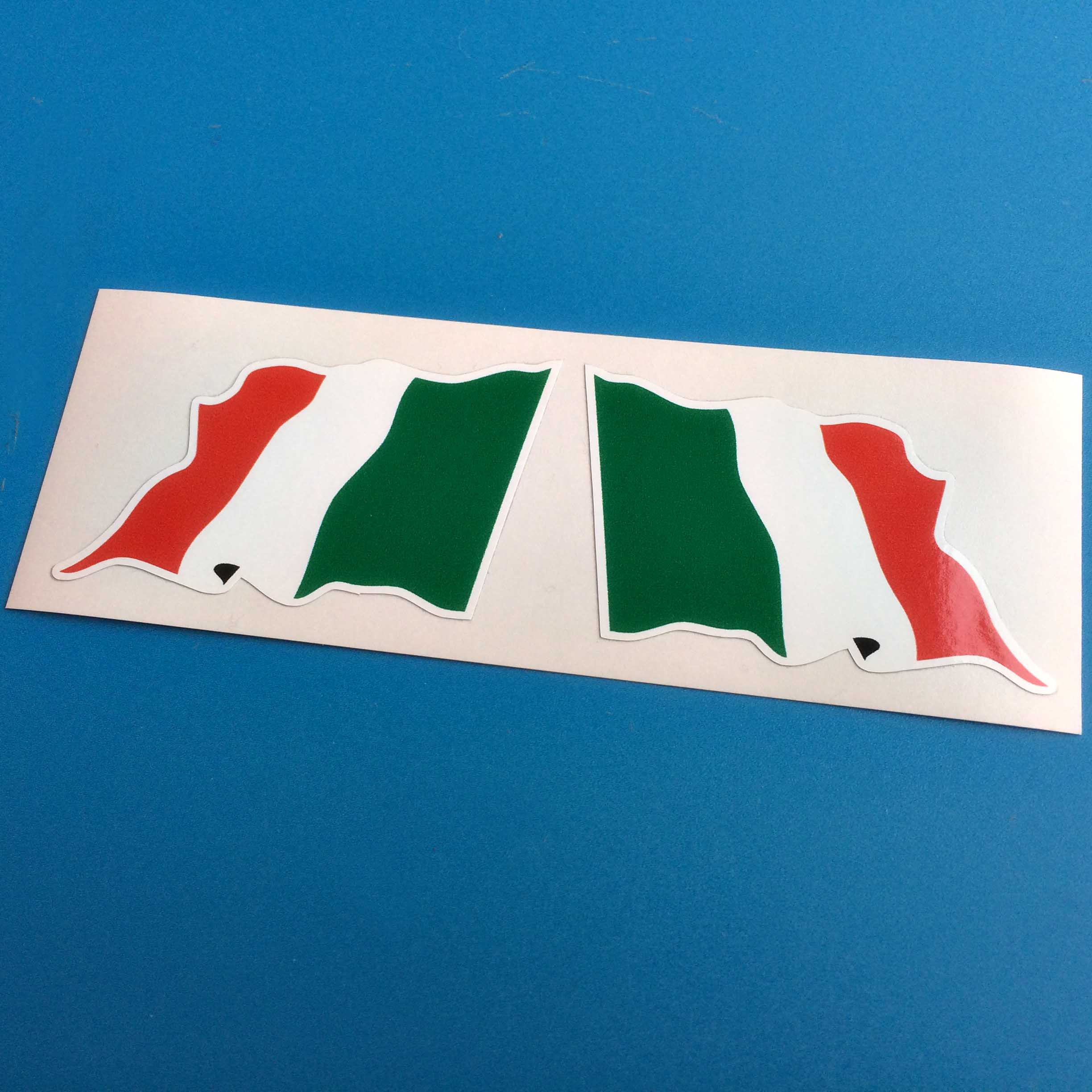 ITALY ITALIAN WAVY FLAG STICKERS. A wavy Italian flag. Three vertical columns of green, white and red.