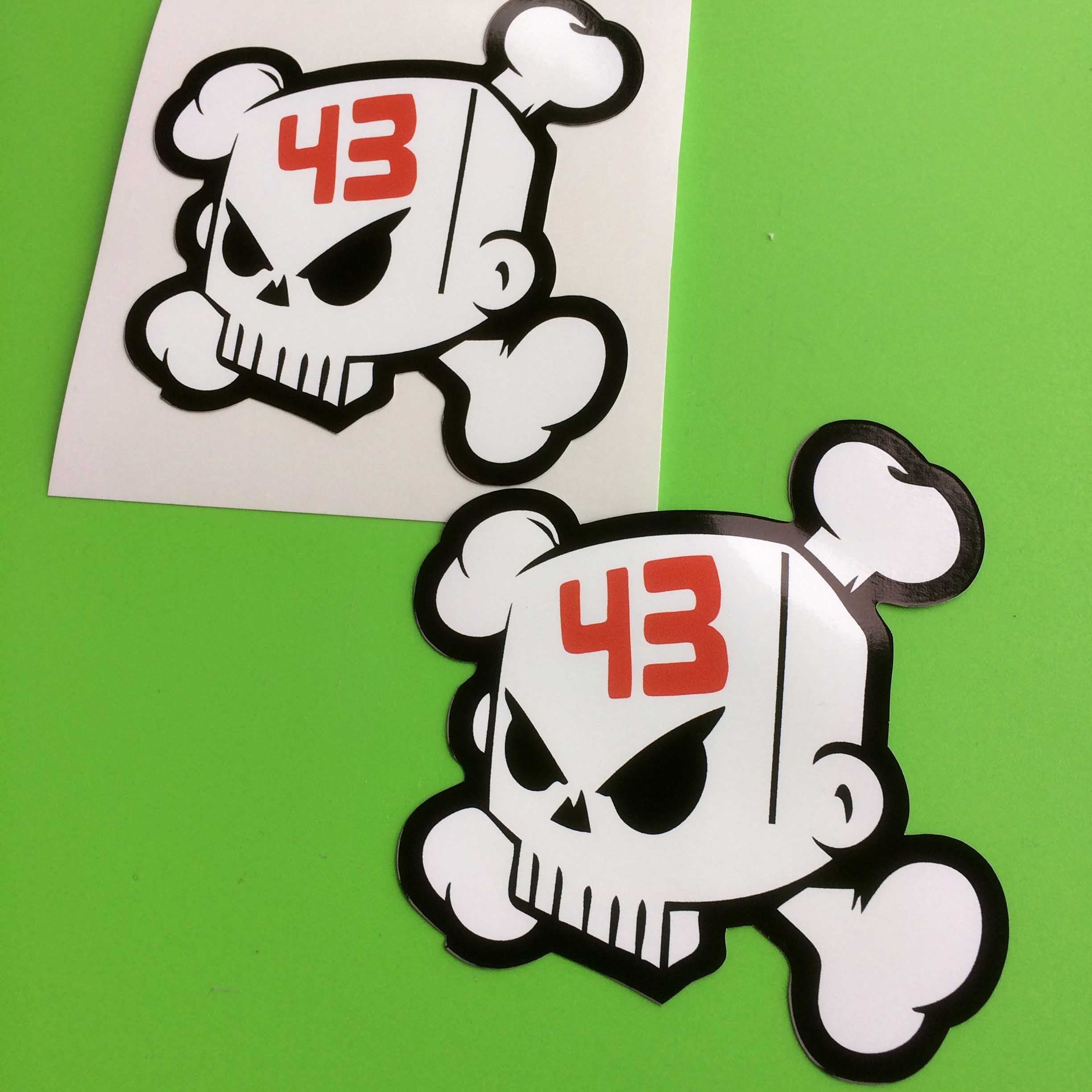 A white skull and crossbones edged in black with the number 43 in red on the forehead.