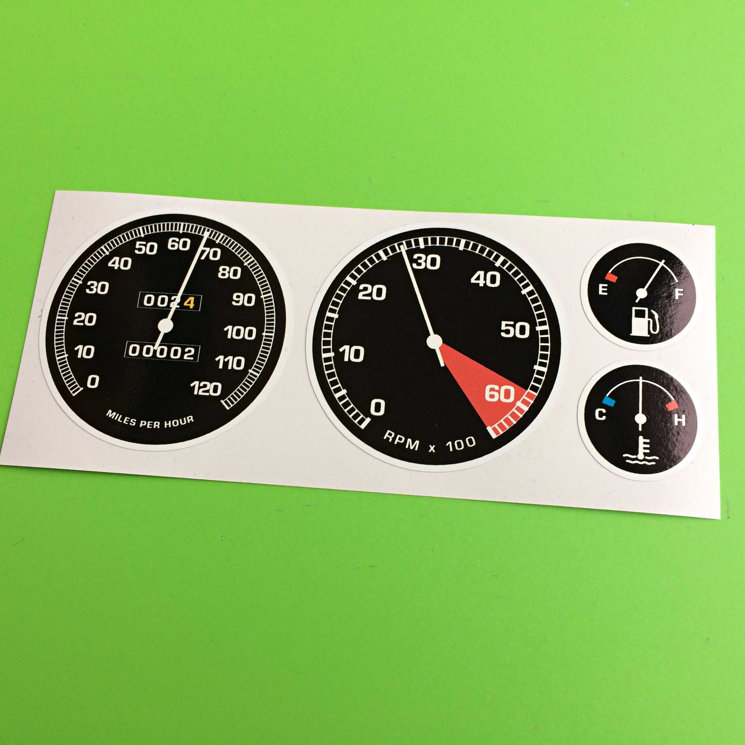 DASH DIALS STICKERS A Speedo and Rev gauge and a Water and Fuel gauge imitating those in a car.