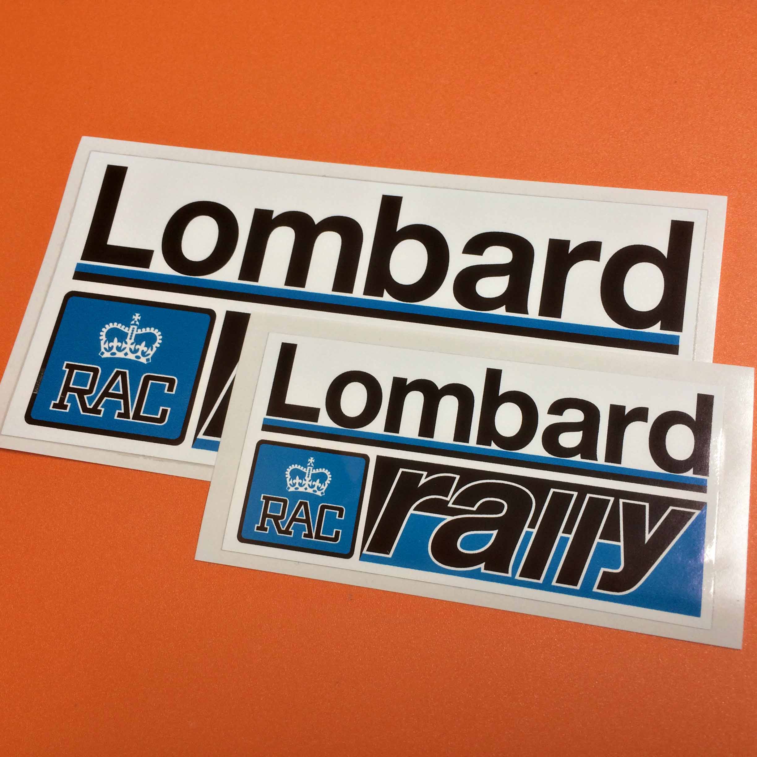 LOMBARD RAC RALLY STICKERS. Lombard in bold lettering. Rally below right on a rectangular background in two colours. Left of this RAC and a crown encased in a square.