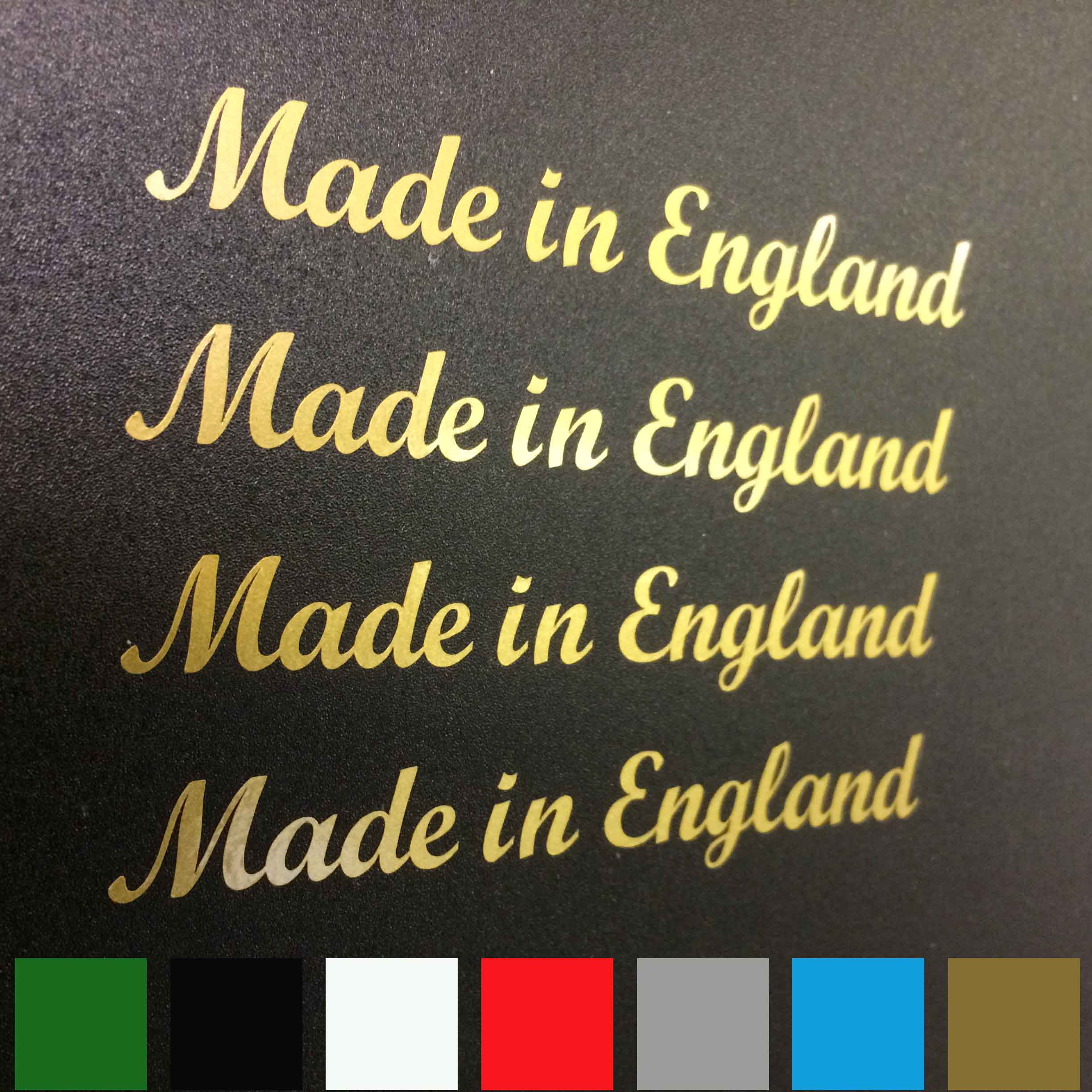 MADE IN ENGLAND STICKERS. Made In England in lowercase italic lettering.