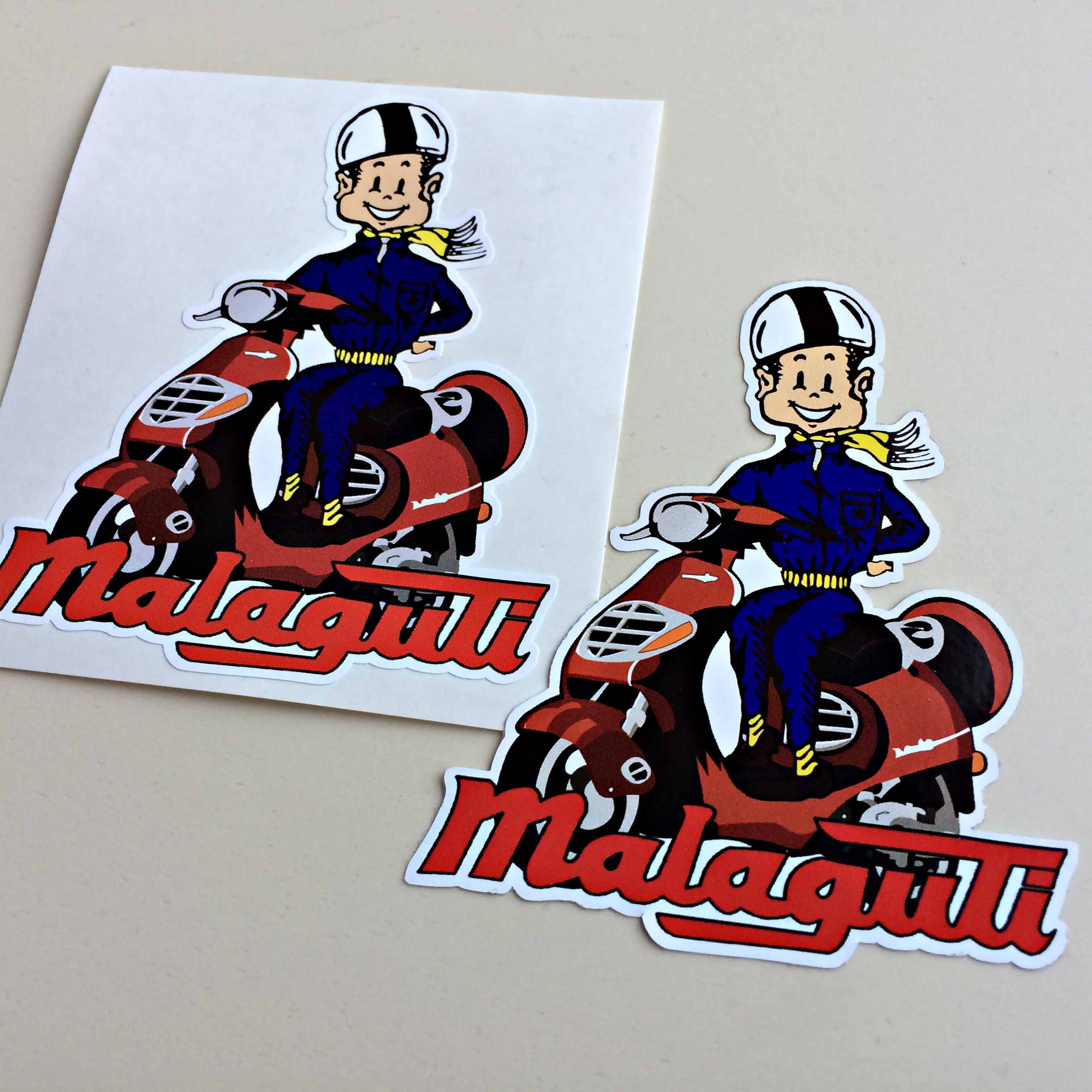 MALAGUTI MOPED STICKERS. Malaguti red lettering below a red scooter. A humorous image of a man smiling sat aboard. He is wearing a helmet and a blue suit with yellow scarf and belt.