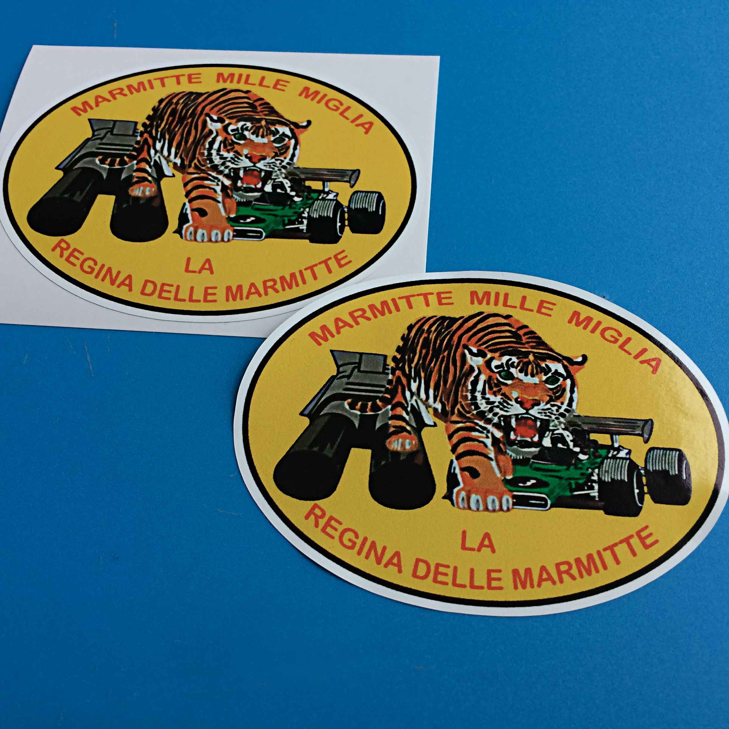 MARMITTE MILLE MIGLIA STICKER. Marmitte Mille Miglia La Regina Delle Marmitte red lettering. A tiger, green racing car and exhaust pipes are in the centre of a yellow oval background.