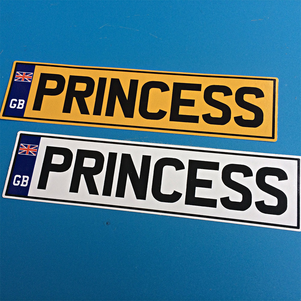 Princess in black uppercase lettering on a pink background. On the left is a Union Jack and GB in white lettering on a blue column.
