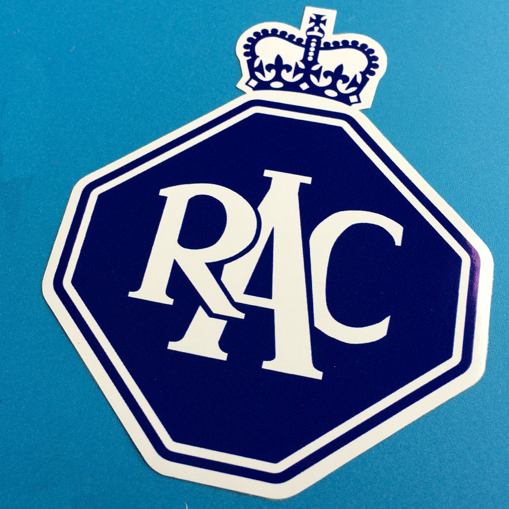 RAC in white lettering on a navy blue background. A blue and white crown sits atop this octagon shaped sticker.