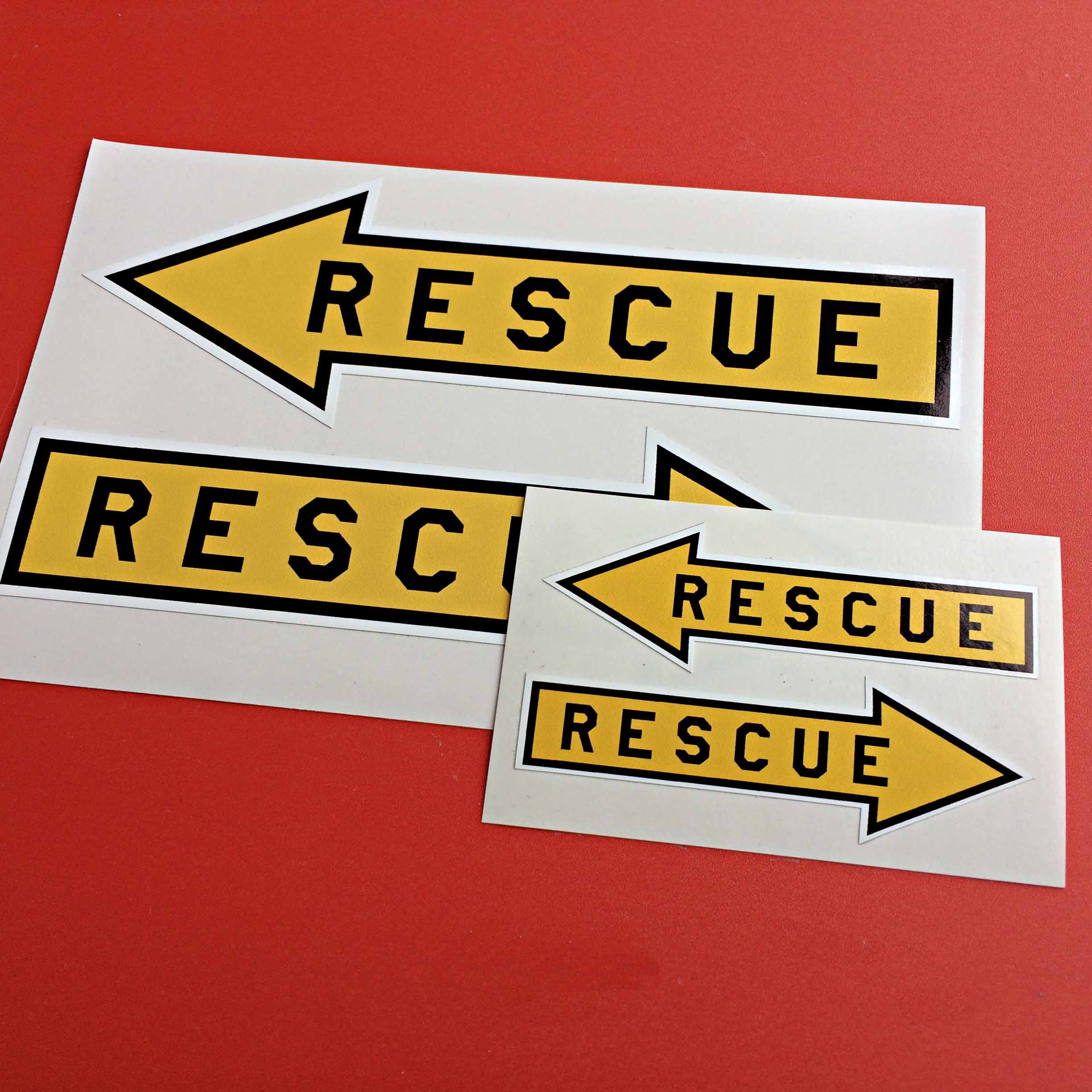 RESCUE MODEL AIRCRAFT STICKERS - 2 SIZES AVAILABLE. Rescue in black lettering on a yellow arrow.
